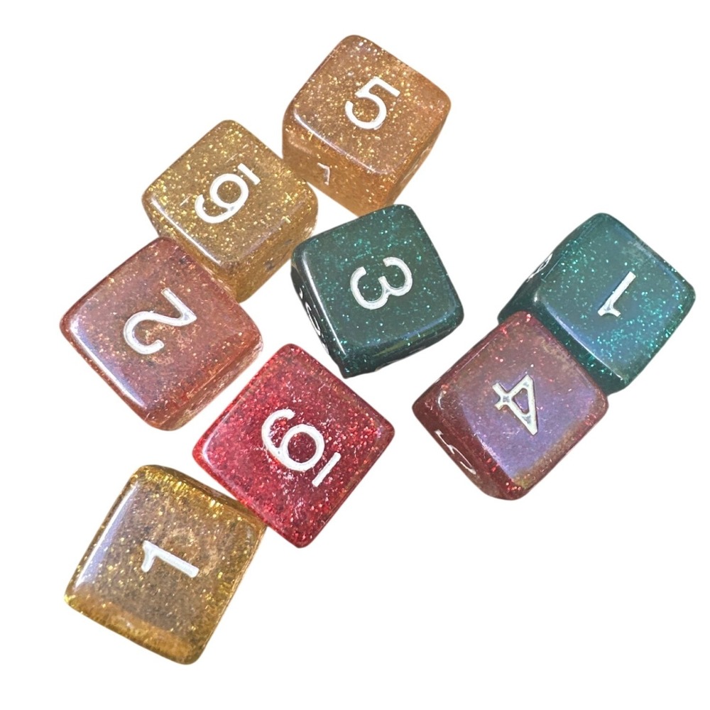 Handmade Resin D6 Dice Set 8pc Glitter Jewel Tones Tabletop RPG Gaming Dice